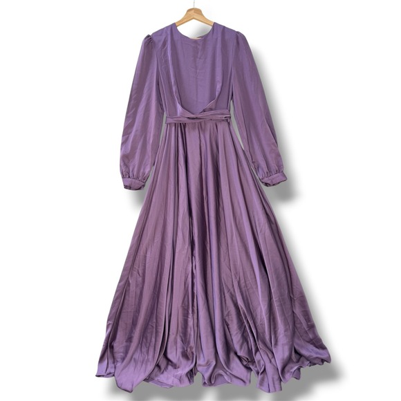 DMN by Özduman Dresses & Skirts - Purple Satin Maxi Dress Long Sleeve High Waist Tie Formal Gown Romantic Cottage